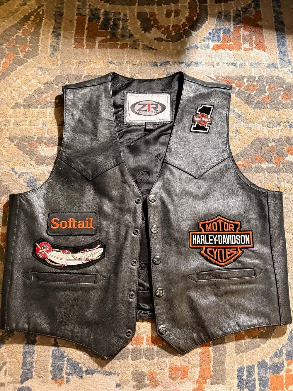 Z1R Apparel Black Leather Biker Vest with Harley-Davidson Patches Size 46